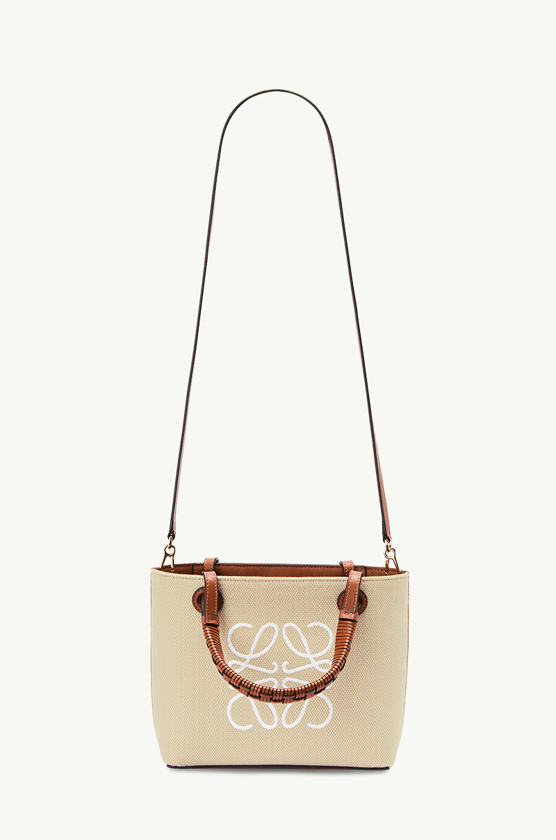 LOEWE Mini Anagram Tote Bag in Ecru/Tan Jacquard and Calfskin 3