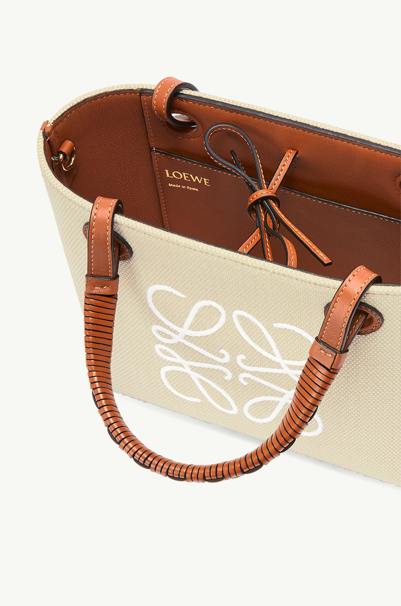 LOEWE Mini Anagram Tote Bag in Ecru/Tan Jacquard and Calfskin 4