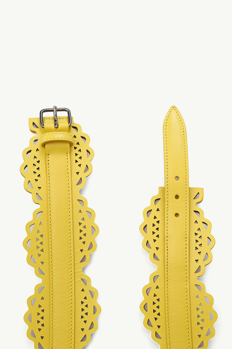ALAIA Vienne Motif Openwork Leather Corset Belt 6cm in Yellow Supple Lambskin 3