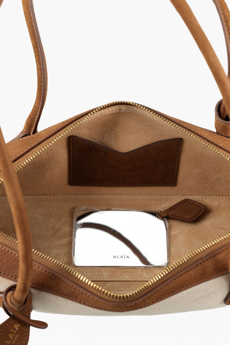 ALAIA Medium Le Teckel Bag in Beige/Brown Canvas and Suede 3