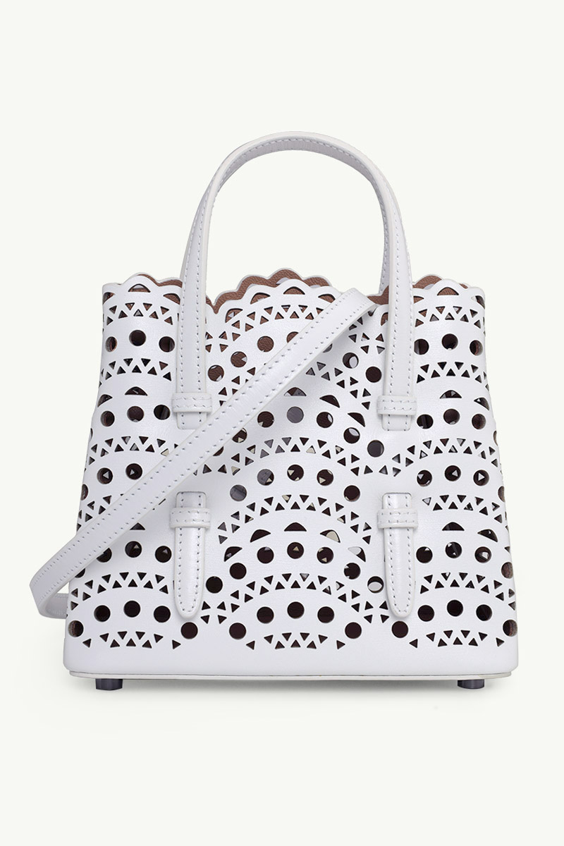 ALAIA Mina 16 Micro Lasered Handbag in Optic White Calf Leather with Removable Shoulder Strap 0