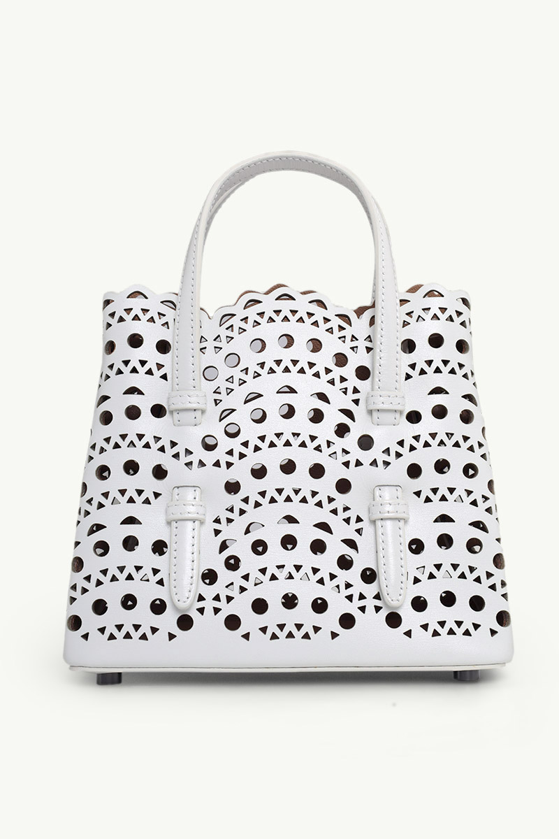 ALAIA Mina 16 Micro Lasered Handbag in Optic White Calf Leather with Removable Shoulder Strap 1