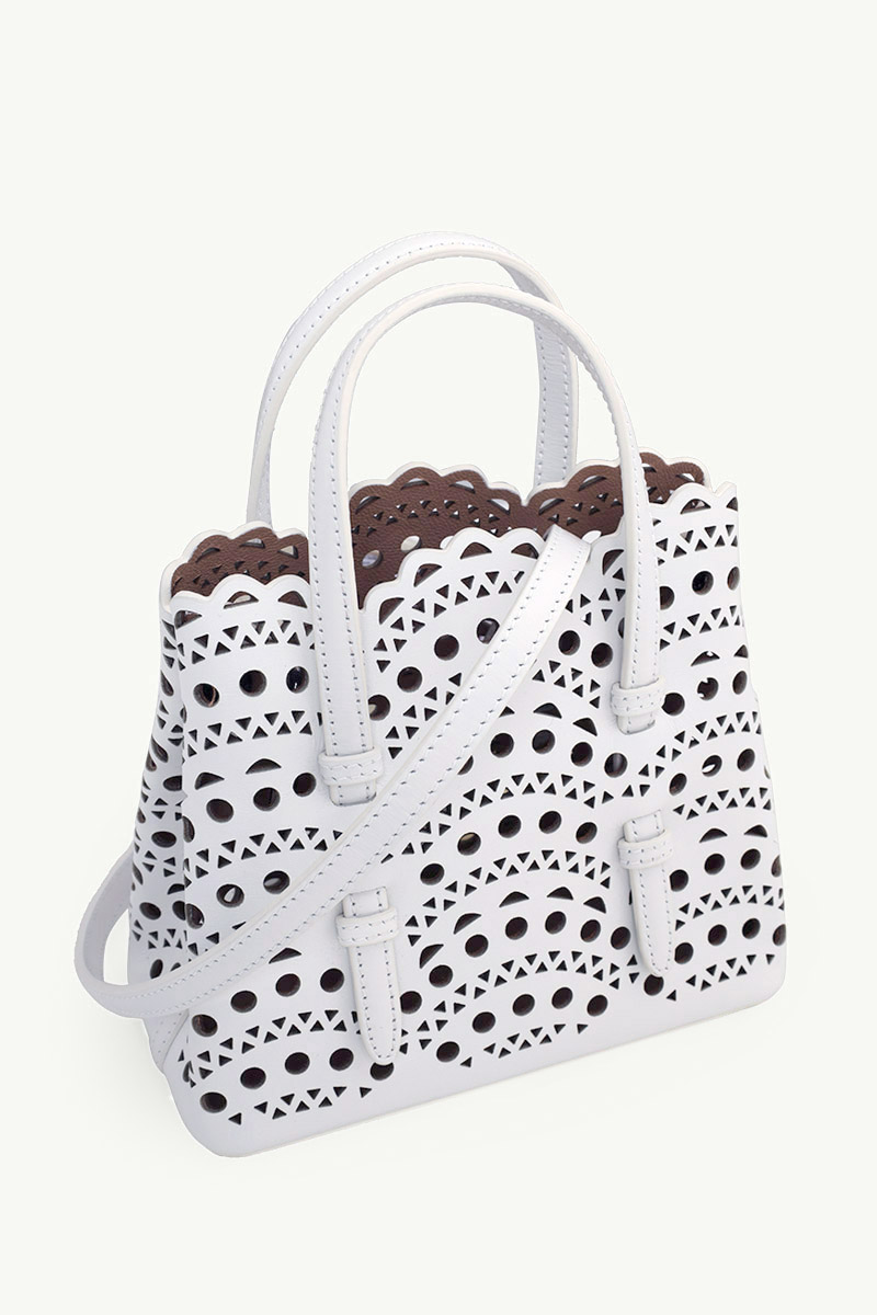 ALAIA Mina 16 Micro Lasered Handbag in Optic White Calf Leather with Removable Shoulder Strap 2