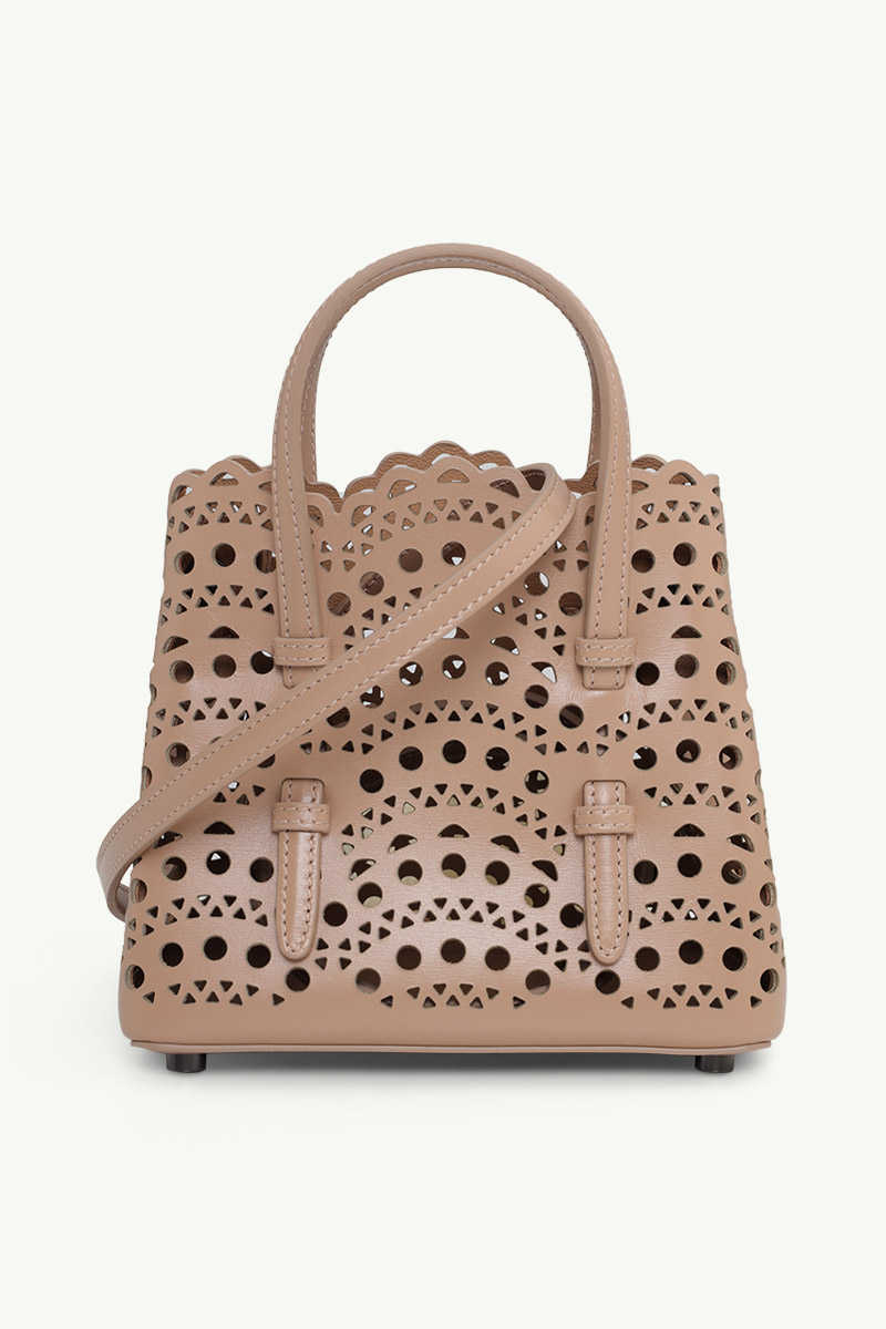 ALAIA Mina 16 Micro Lasered Handbag in Sable Calf Leather with Removable Shoulder Strap 0