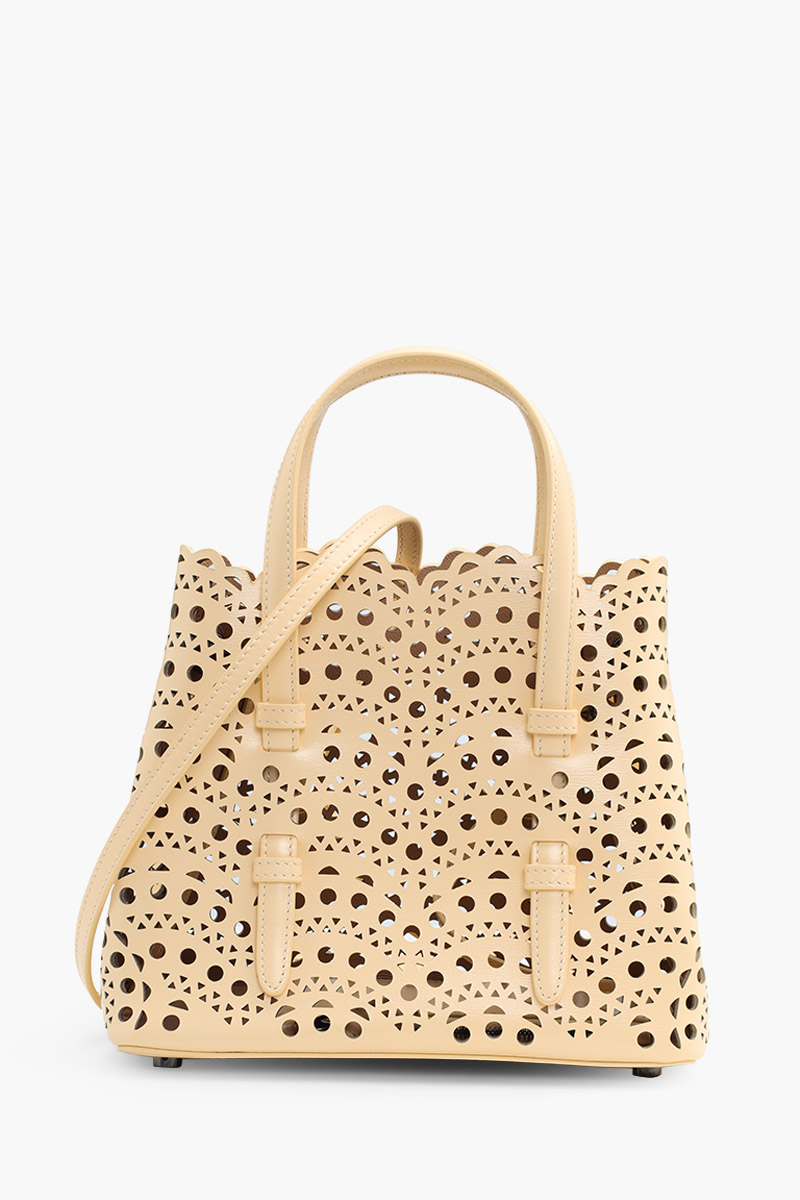 ALAIA Mina 20 Lasered Tote Bag in Dune with Inner Pouch 0