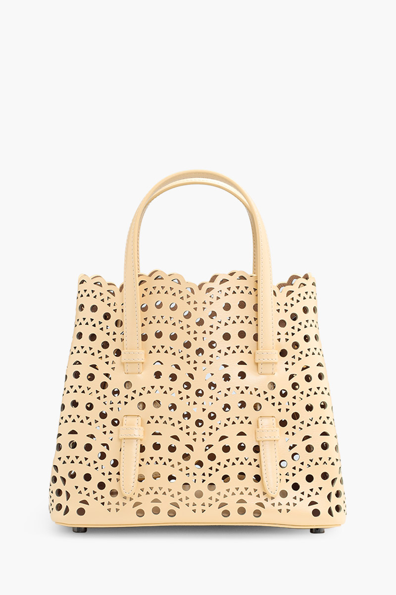 ALAIA Mina 20 Lasered Tote Bag in Dune with Inner Pouch 1