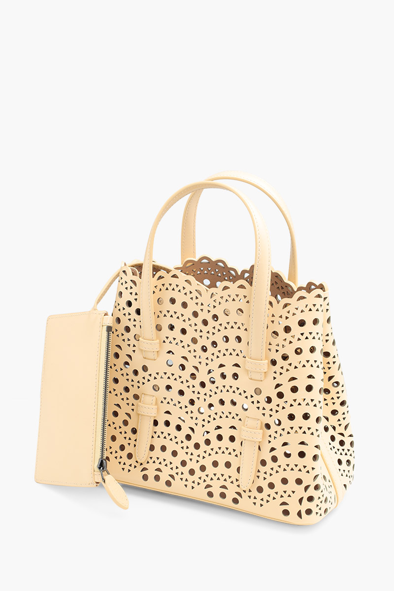 ALAIA Mina 20 Lasered Tote Bag in Dune with Inner Pouch 2