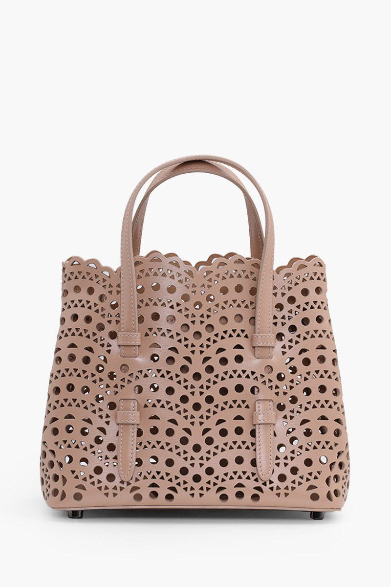 ALAIA Mina 20 Lasered Tote Bag in Sable with Inner Pouch 1