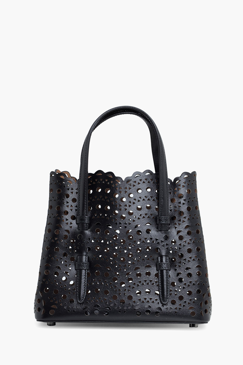 ALAIA Mina 20 Lasered Tote Bag in Black with Inner Pouch 1