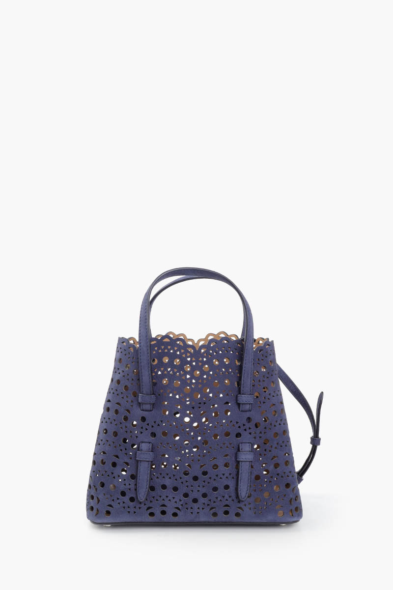ALAIA Mina 20 Vienne Wave Tote Bag in Dark Blue Nubuck Calfskin Leather 0