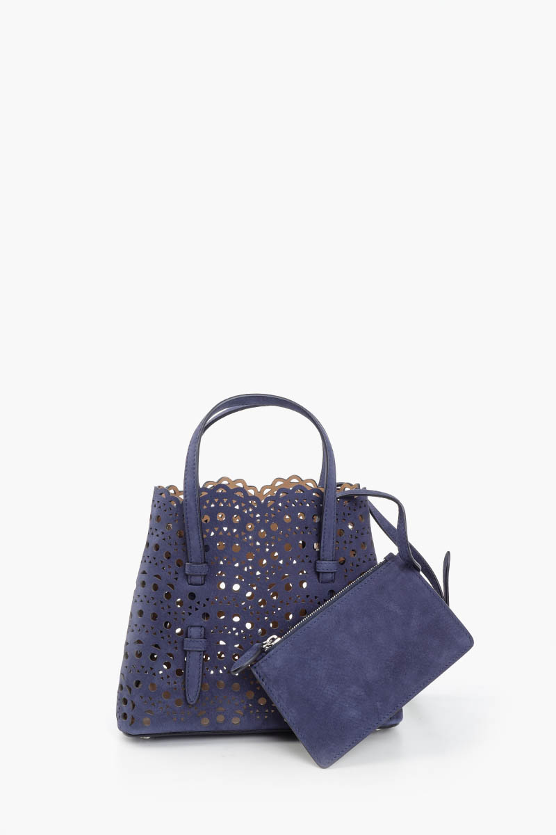 ALAIA Mina 20 Vienne Wave Tote Bag in Dark Blue Nubuck Calfskin Leather 1