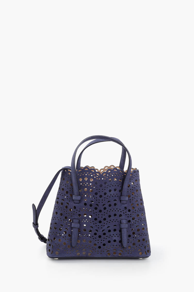 ALAIA Mina 20 Vienne Wave Tote Bag in Dark Blue Nubuck Calfskin Leather 3