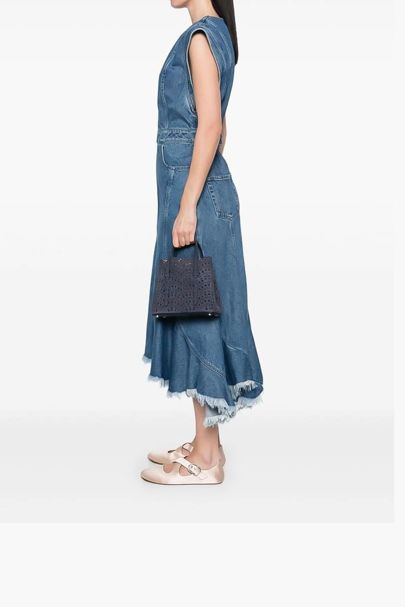 ALAIA Mina 20 Vienne Wave Tote Bag in Dark Blue Nubuck Calfskin Leather 4