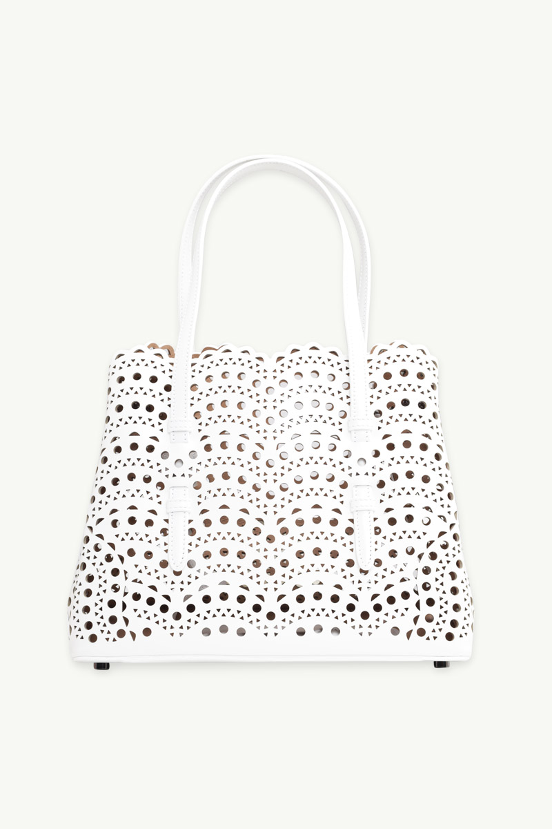 ALAIA Mina 25 Lasered Handbag in White with Inner Pouch 1