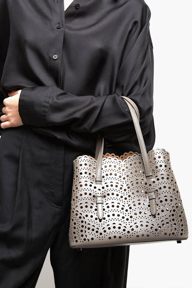 ALAIA Mina 25 Lasered Handbag in Taupe with Inner Pouch 4
