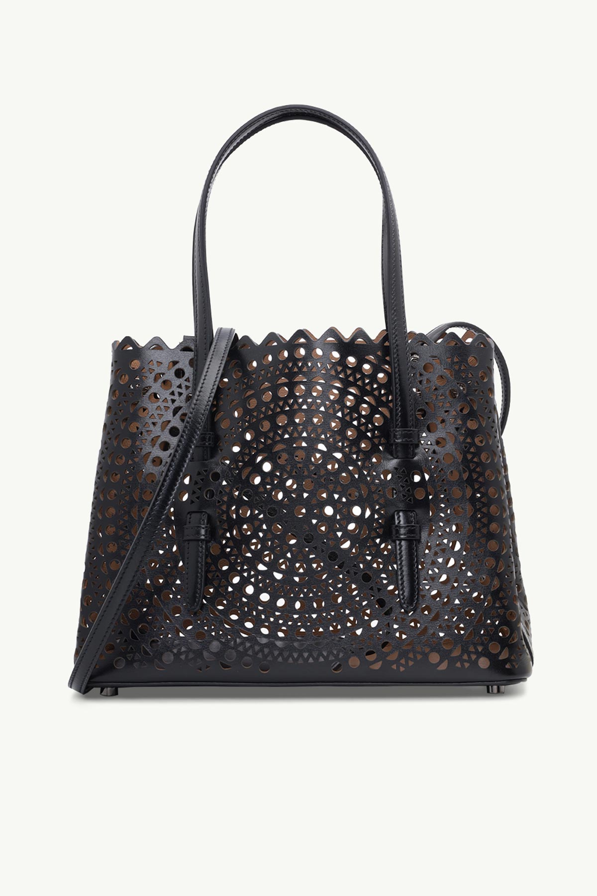 ALAIA Mina 25 Lasered Tote Bag in Black with Shoulder Strap 0