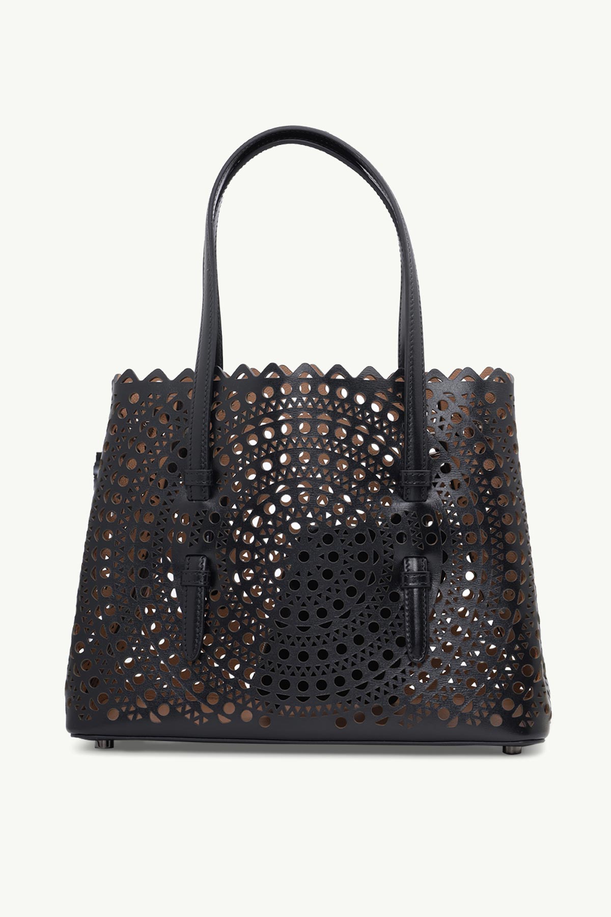 ALAIA Mina 25 Lasered Tote Bag in Black with Shoulder Strap 1