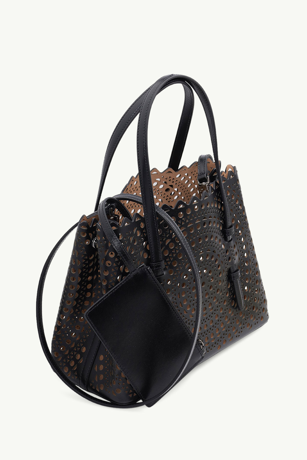 ALAIA Mina 25 Lasered Tote Bag in Black with Shoulder Strap 2