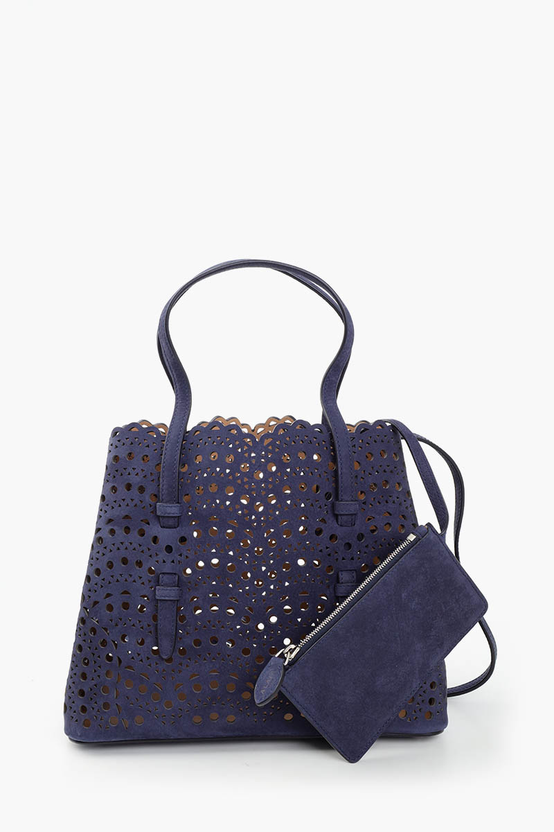 ALAIA Mina 25 Lasered Handbag in Dark Blue Suede with Inner Pouch 1