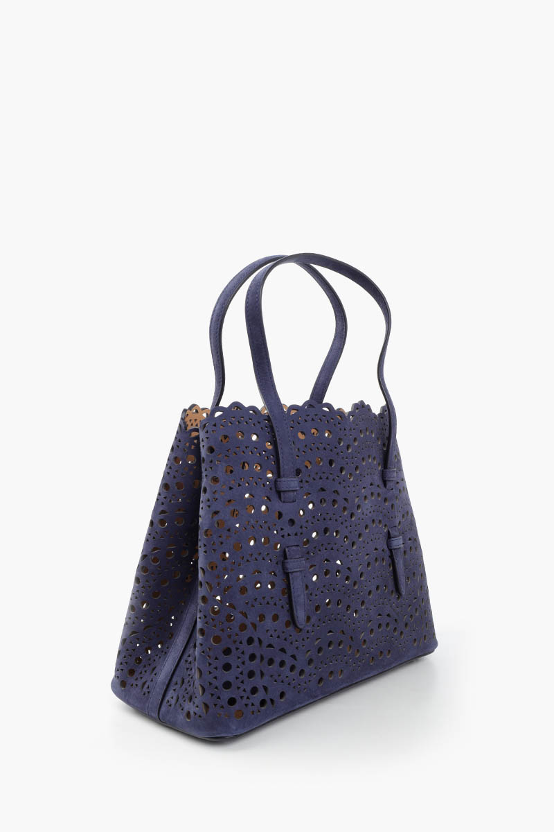 ALAIA Mina 25 Lasered Handbag in Dark Blue Suede with Inner Pouch 2