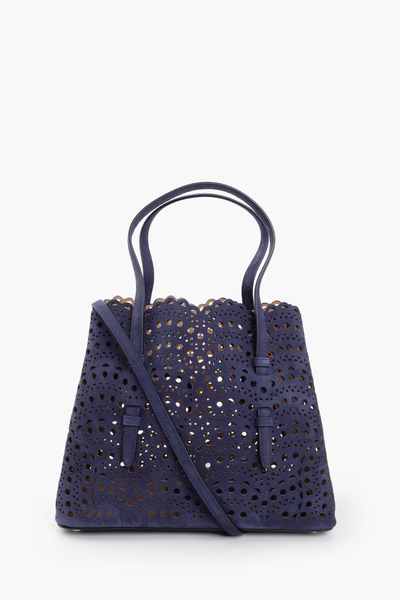 ALAIA Mina 25 Lasered Handbag in Dark Blue Suede with Inner Pouch 3