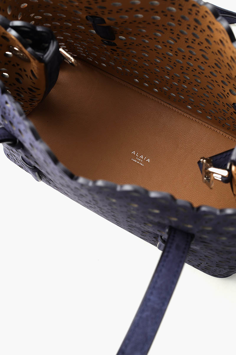 ALAIA Mina 25 Lasered Handbag in Dark Blue Suede with Inner Pouch 4
