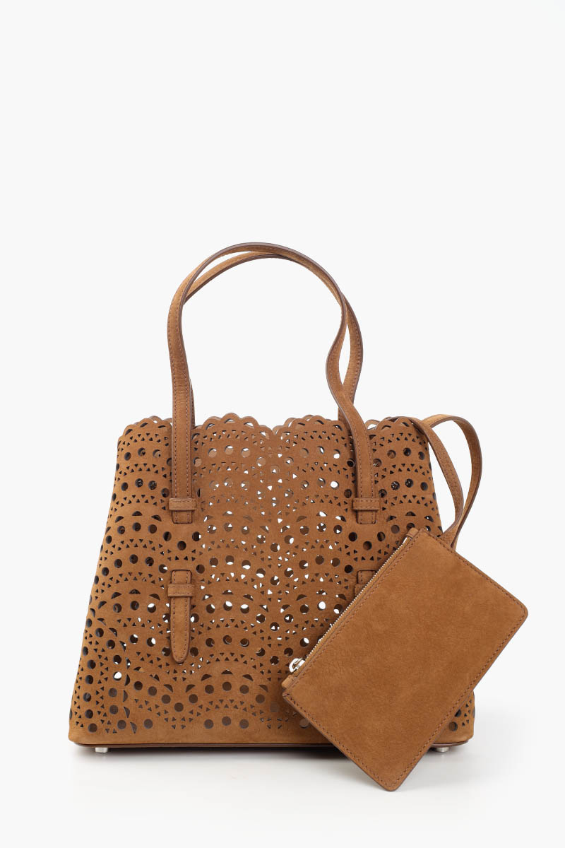 ALAIA Mina 25 Lasered Handbag in Terracotta Brown Suede with Inner Pouch 1