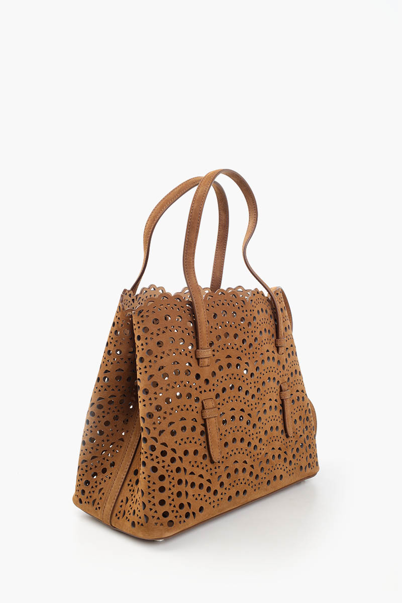 ALAIA Mina 25 Lasered Handbag in Terracotta Brown Suede with Inner Pouch 2