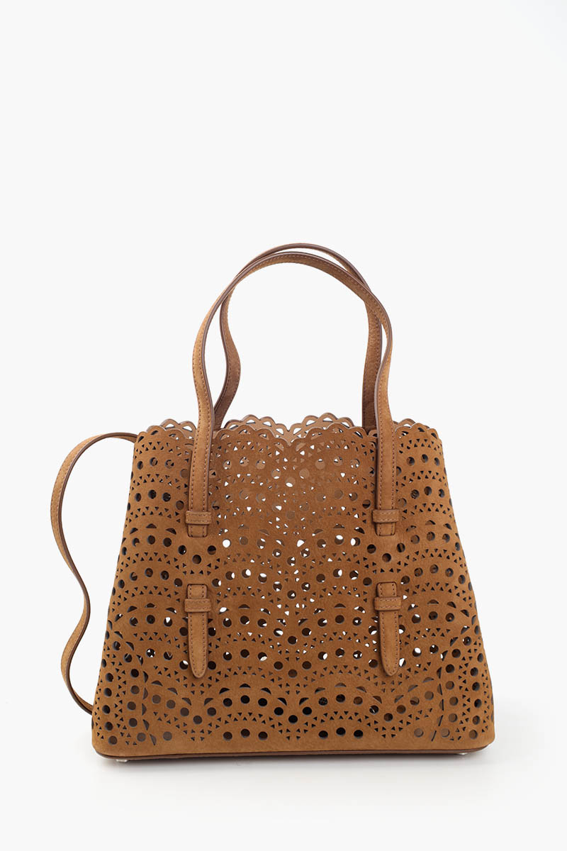 ALAIA Mina 25 Lasered Handbag in Terracotta Brown Suede with Inner Pouch 3