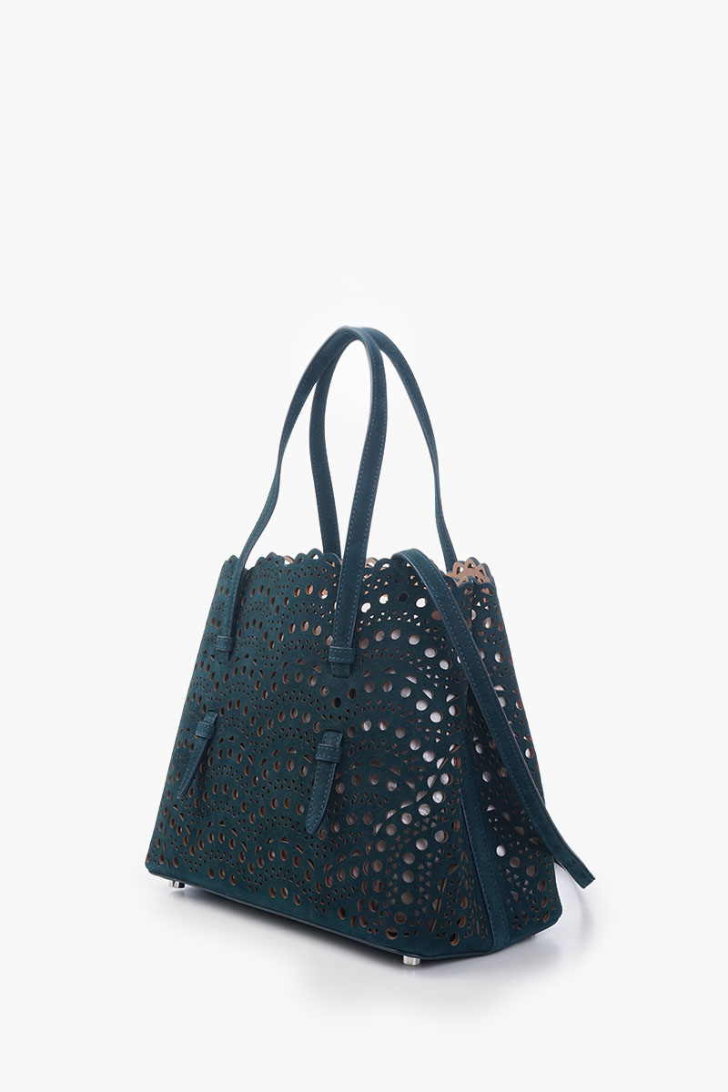 ALAIA Mina 25 Lasered Handbag in Peacock Blue Suede with Inner Pouch 1