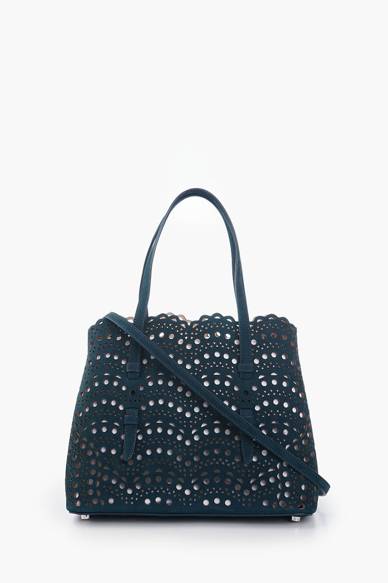 ALAIA Mina 25 Lasered Handbag in Peacock Blue Suede with Inner Pouch 2
