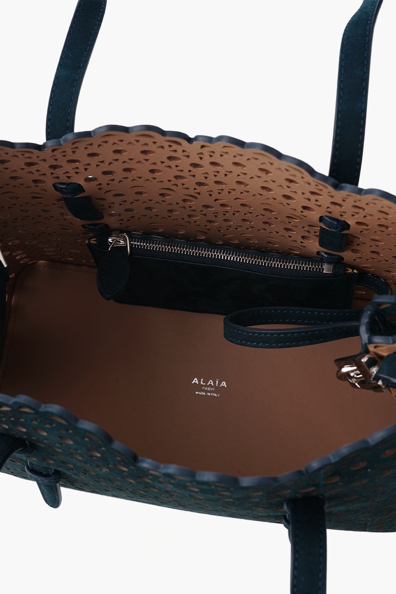 ALAIA Mina 25 Lasered Handbag in Peacock Blue Suede with Inner Pouch 3