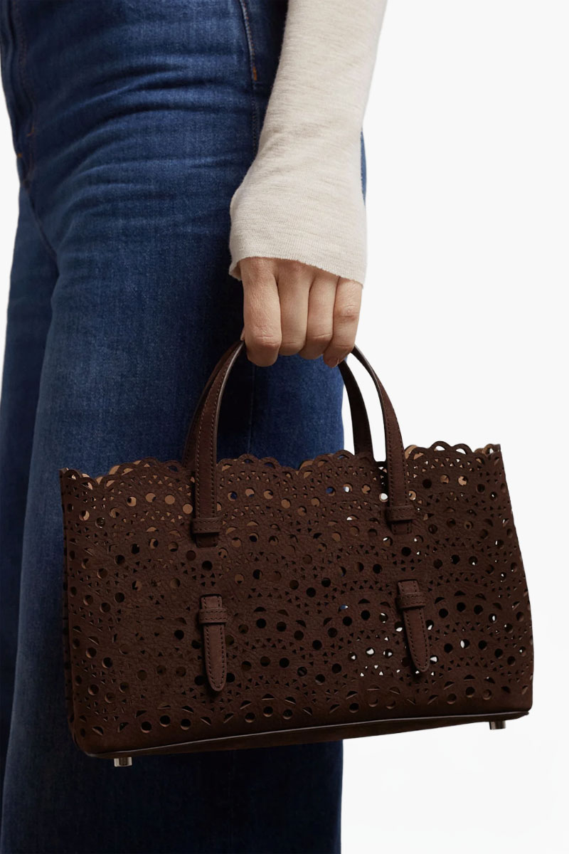 ALAIA Mina 25 East West Handbag in Dark Brown Nubuck Leather 3