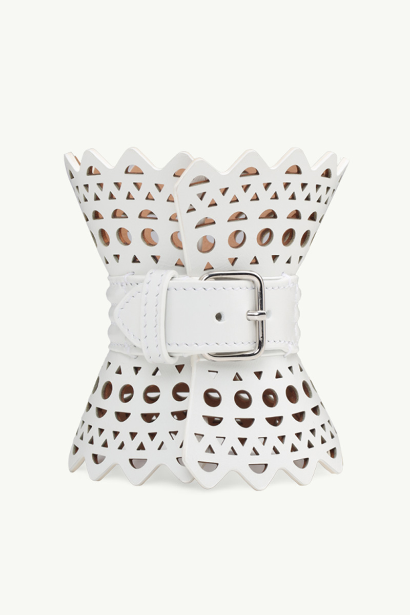 ALAIA Vienne Motif Iconic Corset Buff in White Leather 0