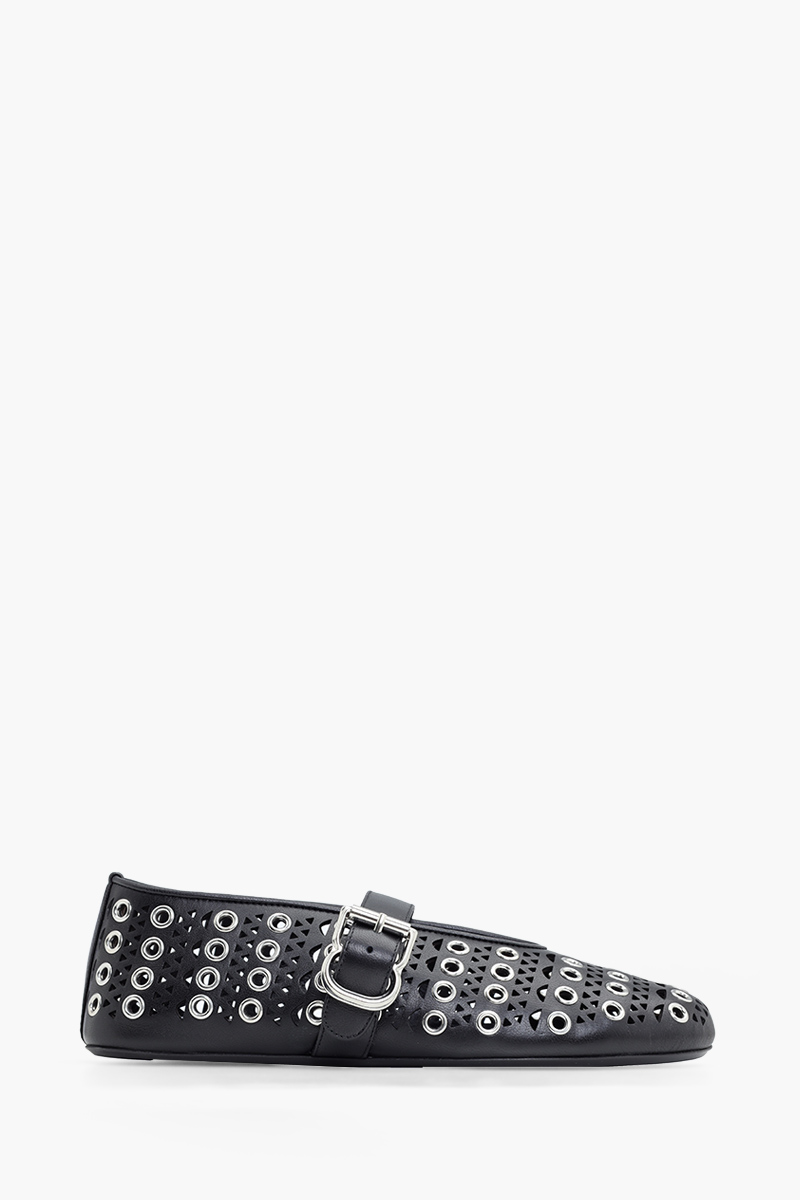 ALAIA Eyelets Ballet Flats Shoe in Black Vienne Lambskin with Buckle Strap 0
