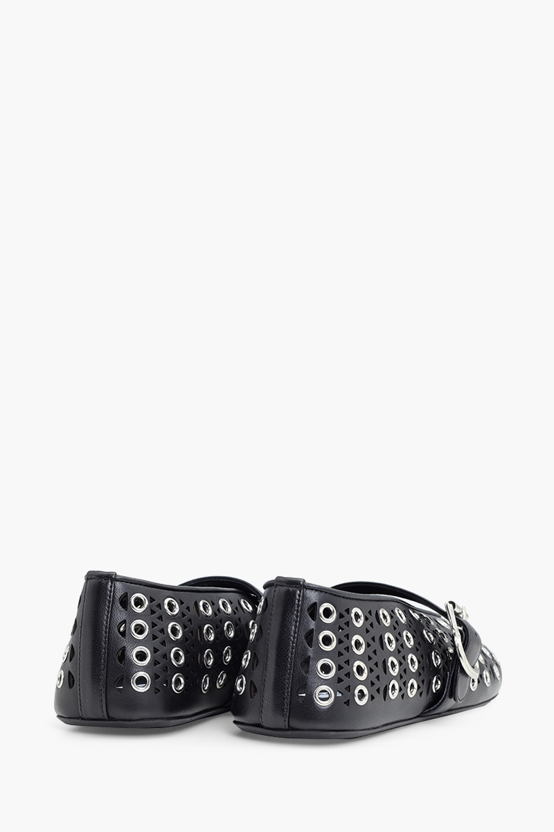 ALAIA Eyelets Ballet Flats Shoe in Black Vienne Lambskin with Buckle Strap 2