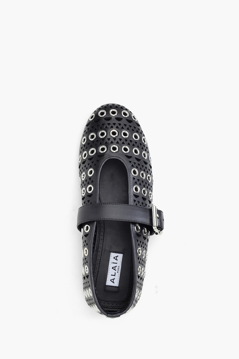 ALAIA Eyelets Ballet Flats Shoe in Black Vienne Lambskin with Buckle Strap 3