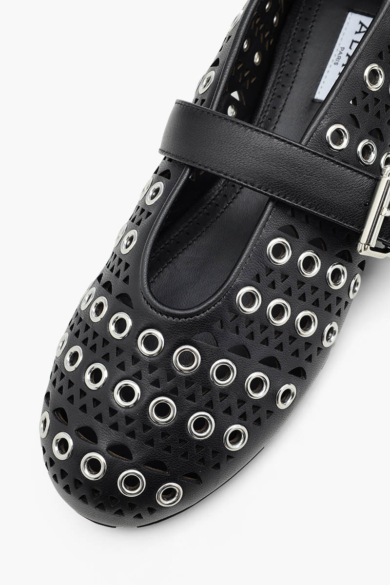 ALAIA Eyelets Ballet Flats Shoe in Black Vienne Lambskin with Buckle Strap 4