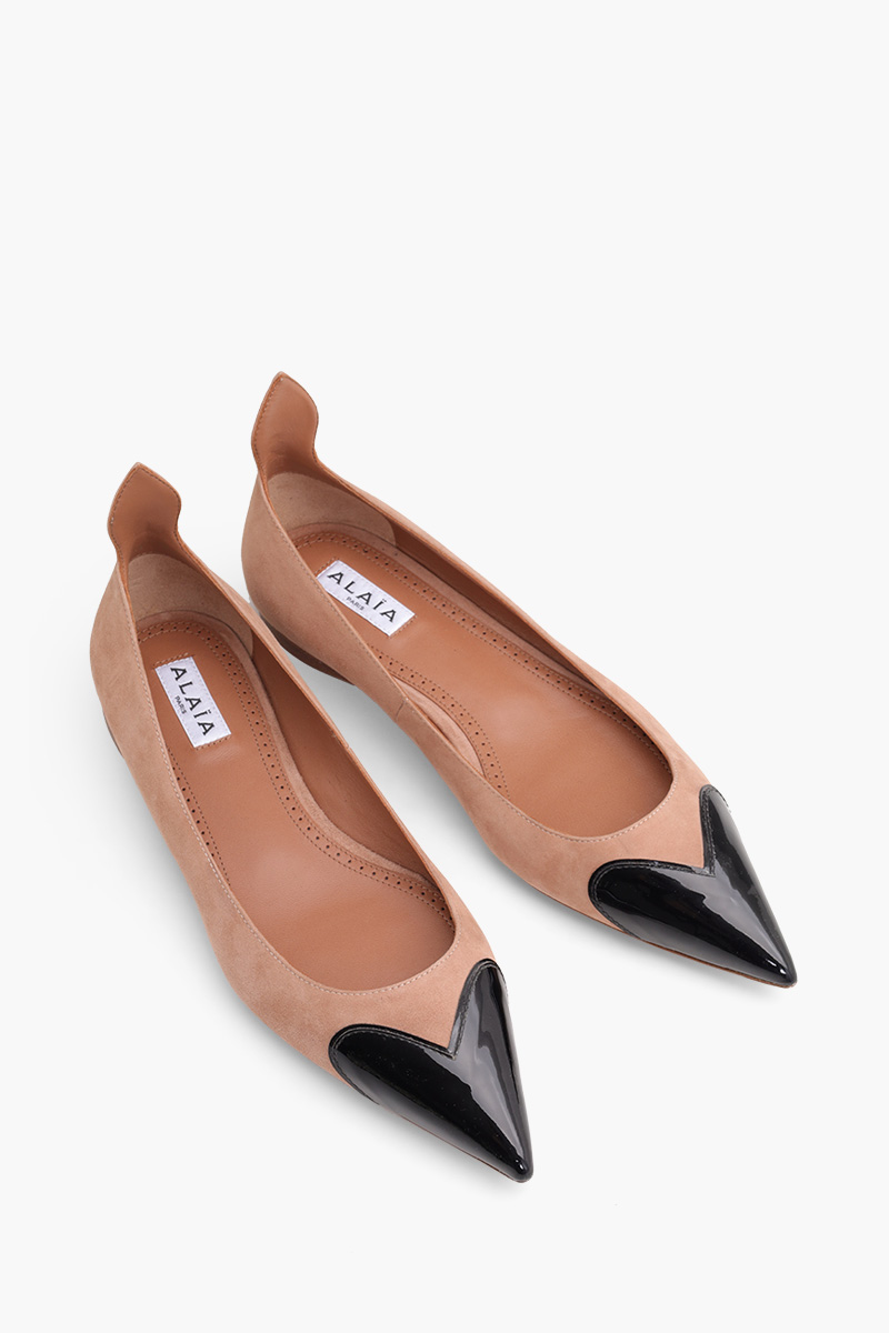 ALAIA Heart Flat Ballerina in Blush/Black Suede Goatskin 1