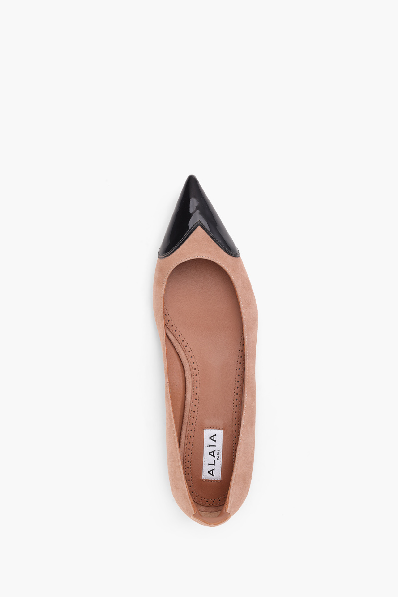 ALAIA Heart Flat Ballerina in Blush/Black Suede Goatskin 3