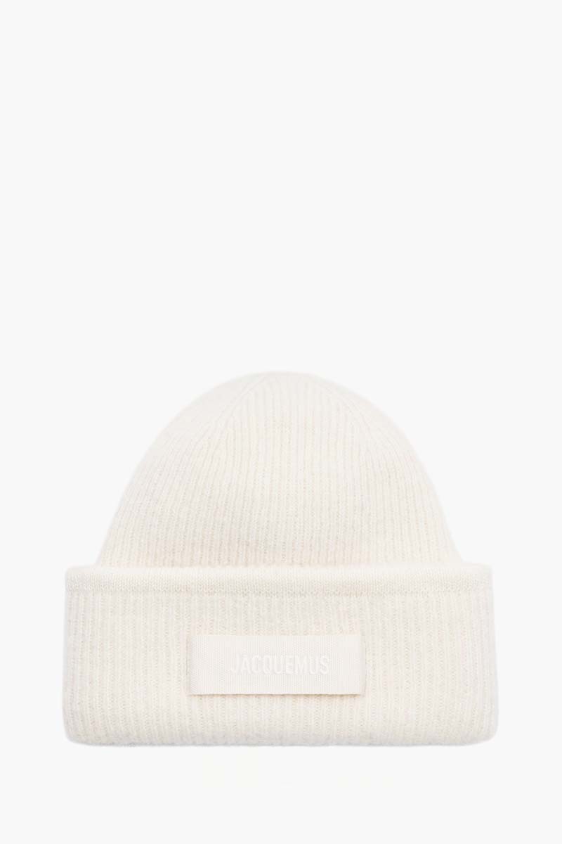 JACQUEMUS Le Bonnet Grosgrain Logo Beanie in Off White Alpaca Wool 0