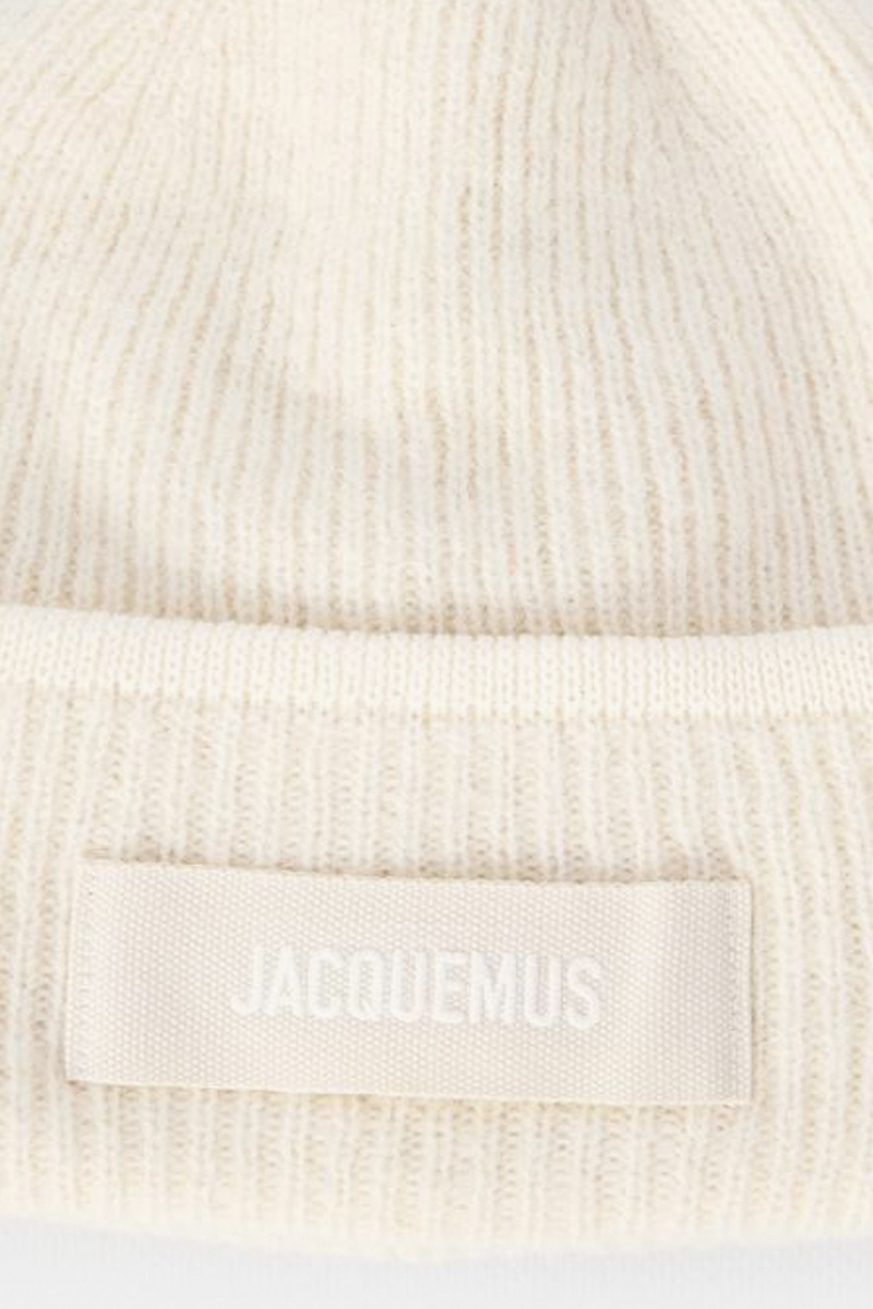 JACQUEMUS Le Bonnet Grosgrain Logo Beanie in Off White Alpaca Wool 2