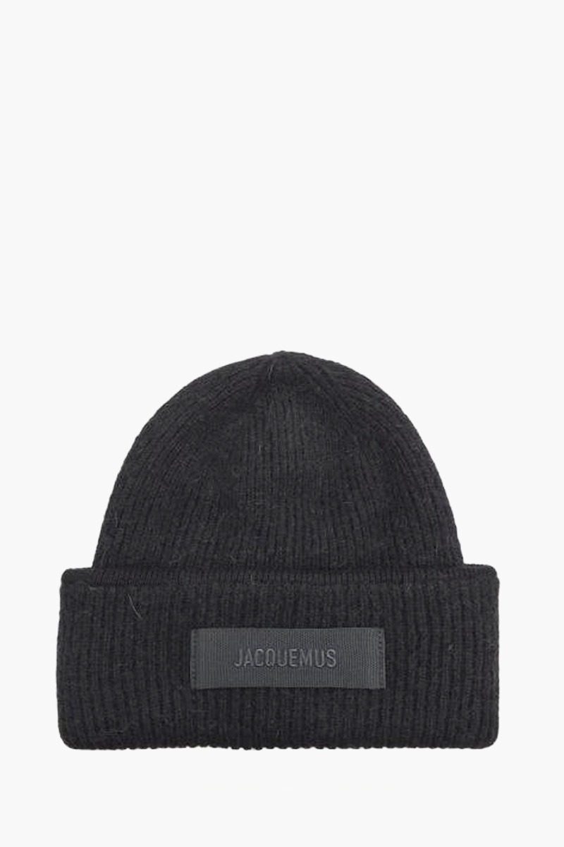JACQUEMUS Le Bonnet Grosgrain Logo Beanie in Black Alpaca Wool 0