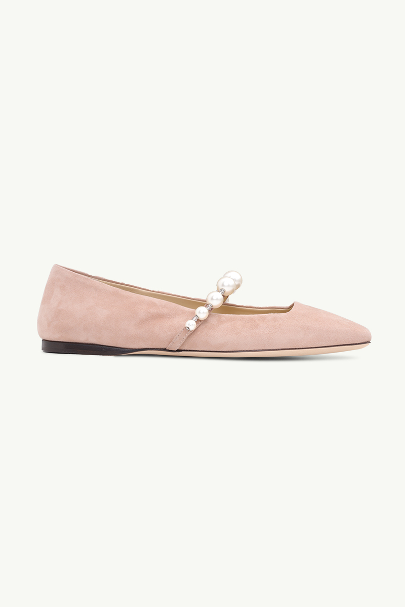 JIMMY CHOO Ade Flat in Ballet Pink/White Suede with Pearl Embellishment 0