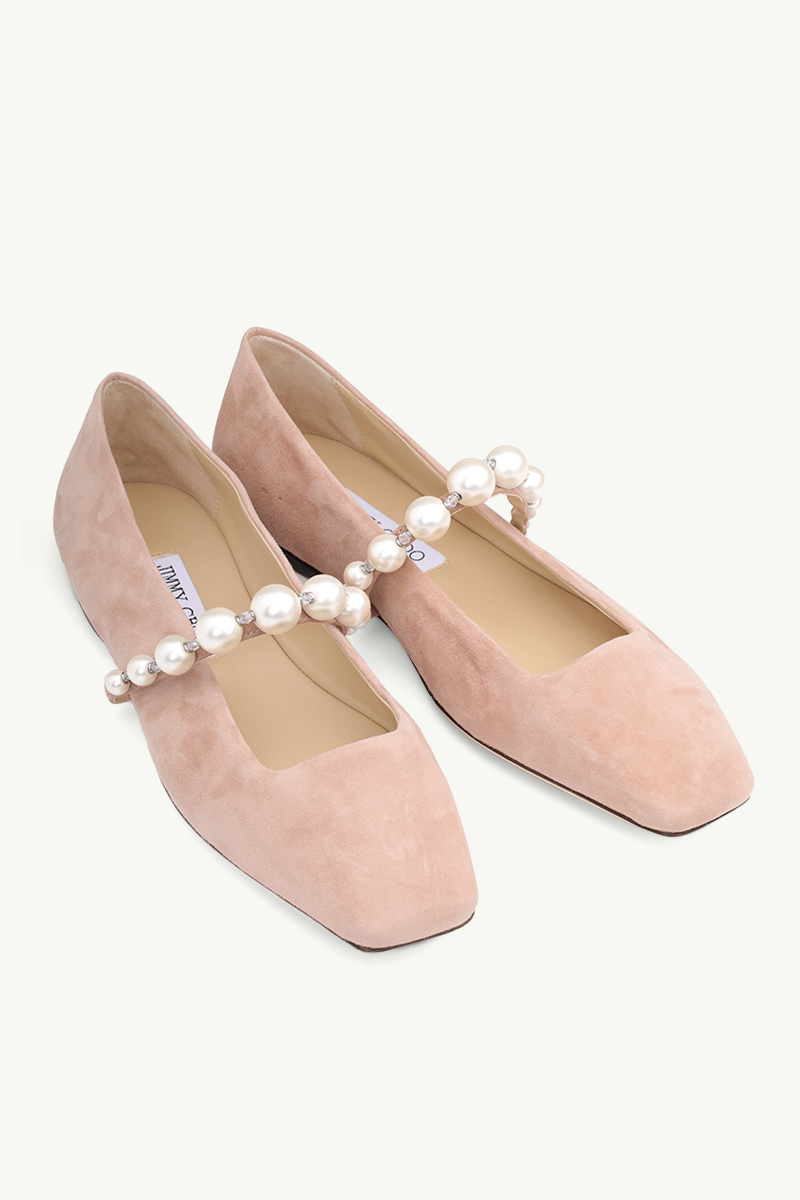 JIMMY CHOO Ade Flat in Ballet Pink/White Suede with Pearl Embellishment 1