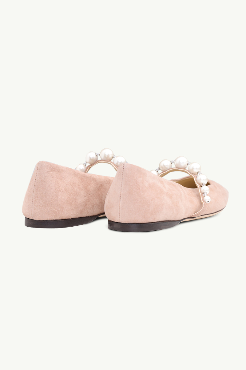 JIMMY CHOO Ade Flat in Ballet Pink/White Suede with Pearl Embellishment 2