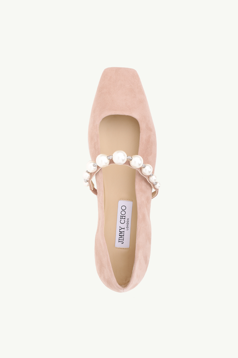 JIMMY CHOO Ade Flat in Ballet Pink/White Suede with Pearl Embellishment 3