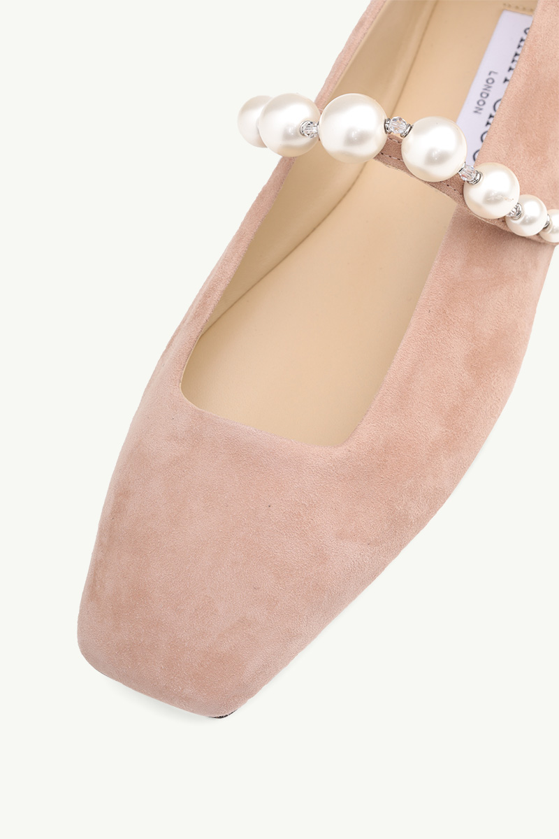 JIMMY CHOO Ade Flat in Ballet Pink/White Suede with Pearl Embellishment 4