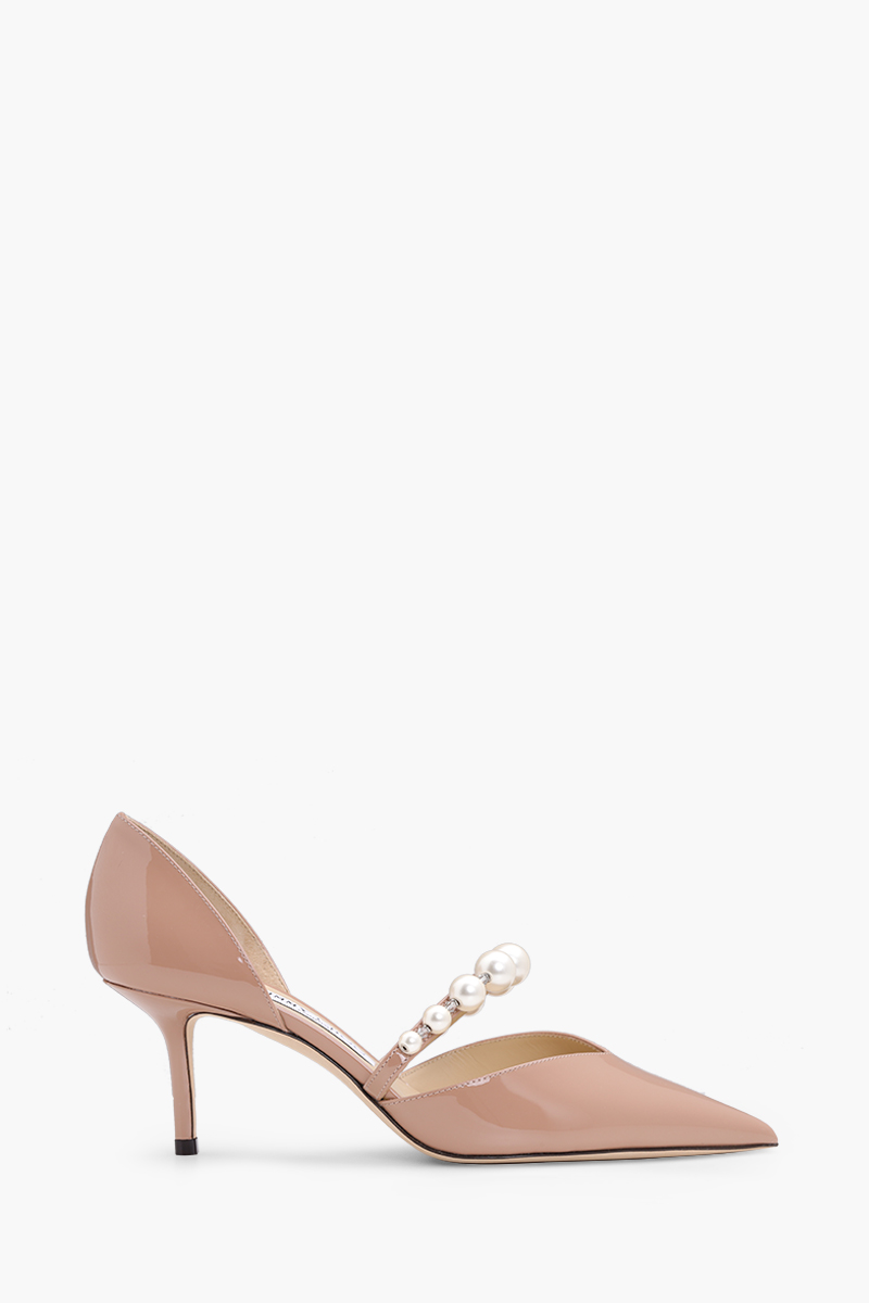 JIMMY CHOO Aurelie Pointed Pumps 65mm in Ballet Pink/White Patent with Pearl Embellished 0