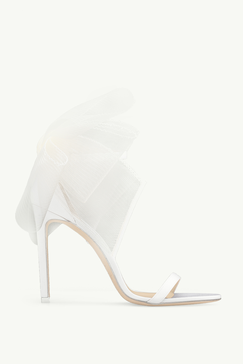 JIMMY CHOO Aveline Ankle Strap Sandals 100mm in Latte with Asymmetric Grosgrain Mesh Fascinator Bows 0